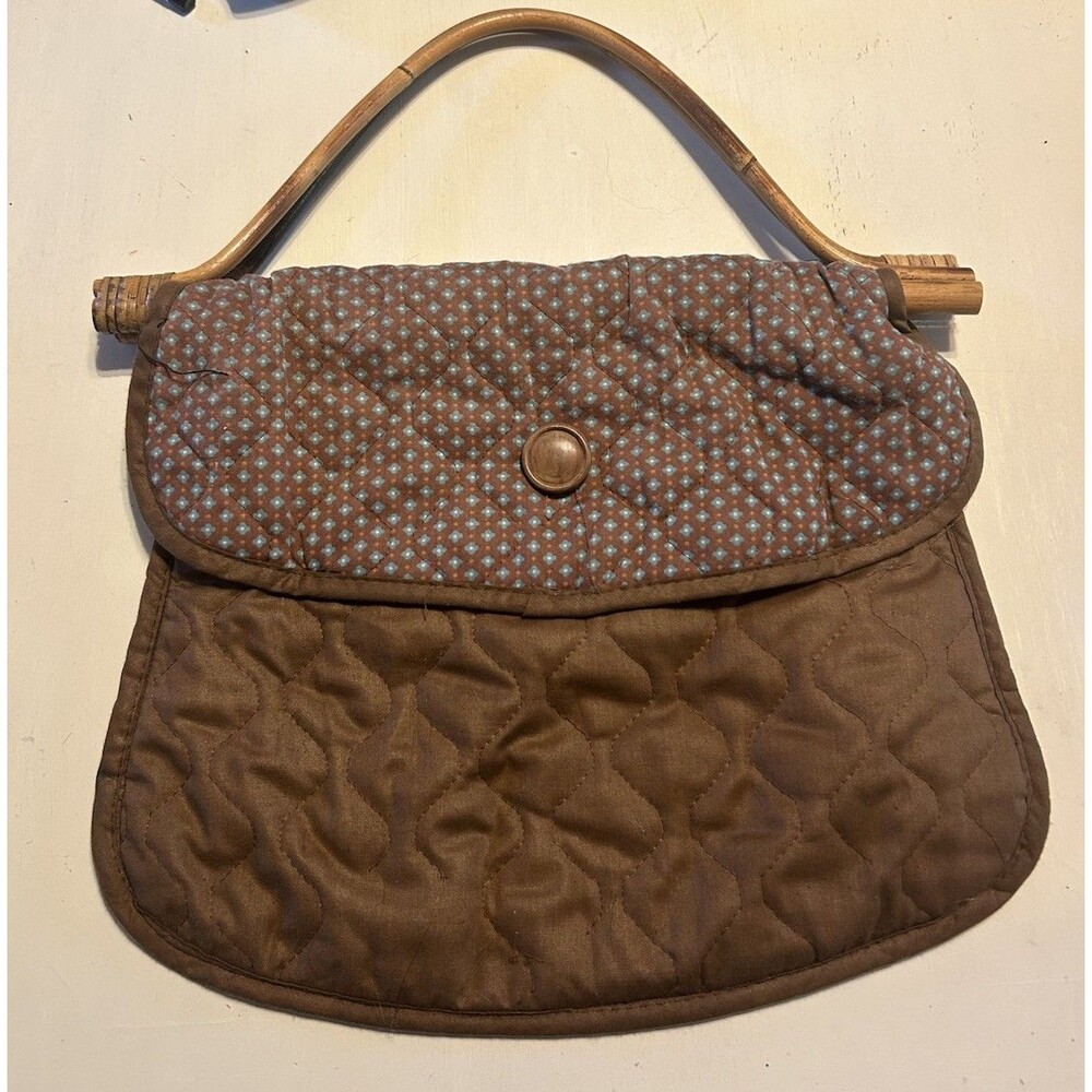 Vintage 70's-80's Floral Fabric Patchwork Shoulder Bag Wood Handles Quilted